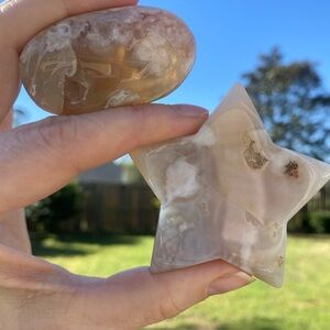 Flower Agate Palm and Star-Shaped Crystal Set with Druzy